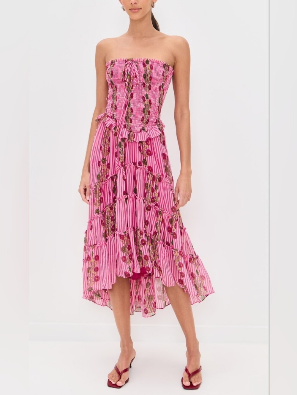 Free People Alejandra Hot Pink Combo Striped Floral High-Low Midi Dress - Picture 3 of 16